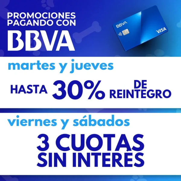 30% de reintegro martes y jueves y 3 cuotas sin interés viernes y sábados con BBVA online o presencial