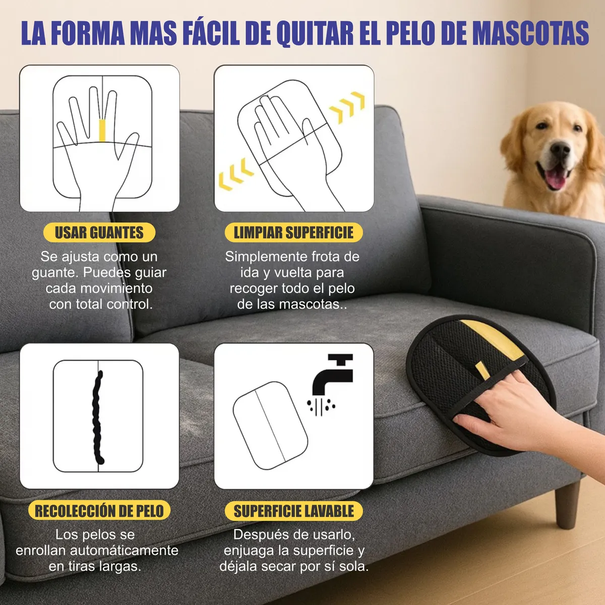 Guante Quita Pelos Y Pelusas para Mascotas, Sillones o Ropa | Negro