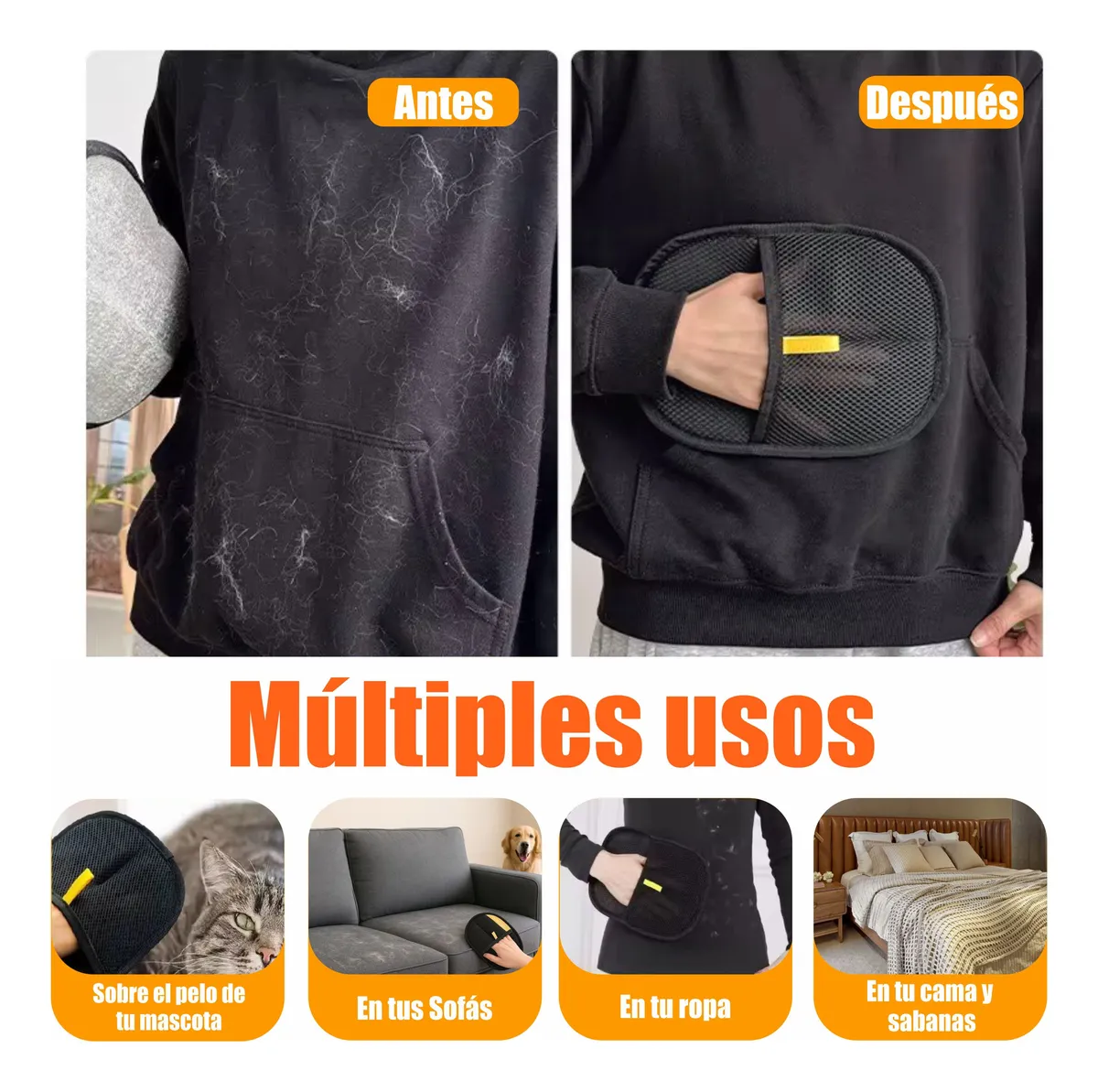 Guante Quita Pelos Y Pelusas para Mascotas, Sillones o Ropa | Negro