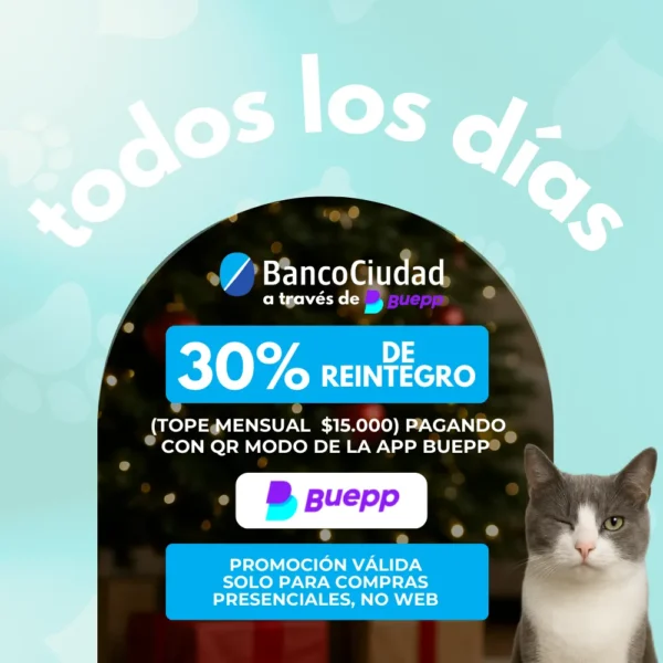 Banco Ciudad con app Web 30% de reintegro con tope mensual de $15.000 en PETS CENTER