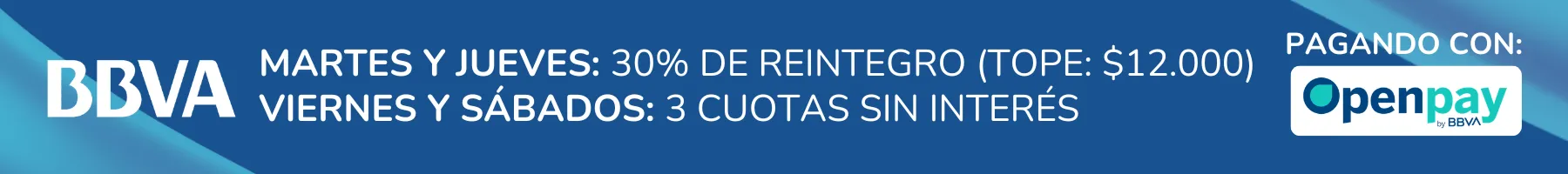 30% de reintegro y 3 cuotas sin interés pagando con tarjeta de crédito del banco BBVA eligiendo Openpay