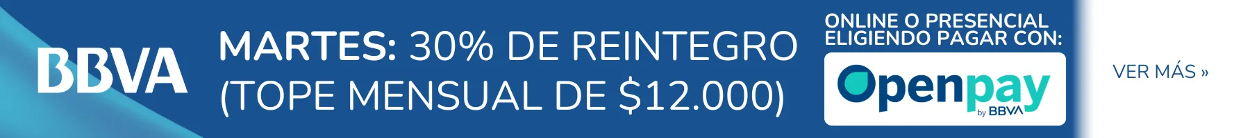 30% de reintegro martes y jueves y 3 cuotas sin interés viernes y sábados con BBVA online o presencial, eligiendo pagar con Openpay