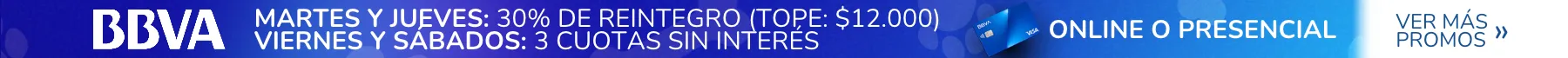 30% de reintegro martes y jueves y 3 cuotas sin interés viernes y sábados con BBVA online o presencial